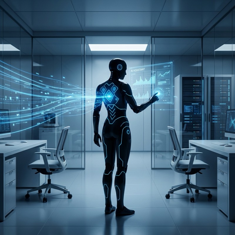 Футуристичний силует AI-асистента з цифровим інтерфейсом