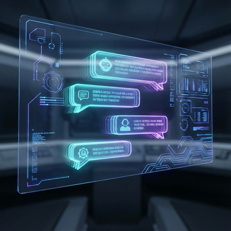 3D інтерфейс чат-бота з текстовими хмаринками та неоновим підсвічуванням